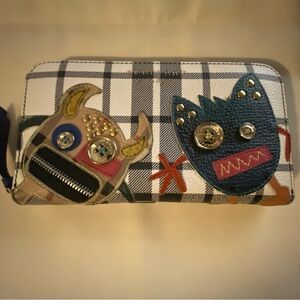 Burberry Monochrome Check Leather Creature Appliqué Zip Around Wallet